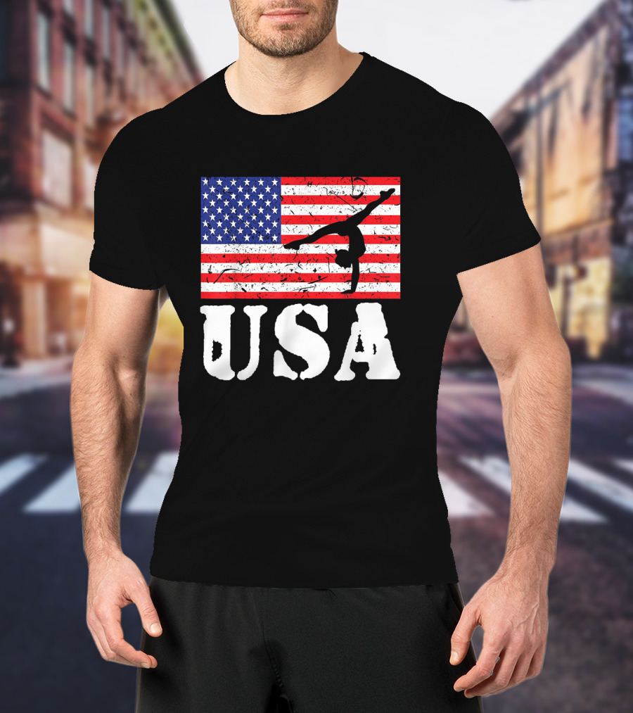 Distressed USA Flag Gymnastics Vintage Tumbling American Flag T-Shirt