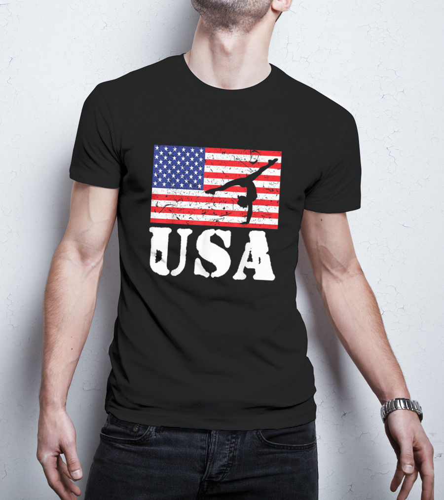 Distressed USA Flag Gymnastics Vintage Tumbling American Flag T-Shirt