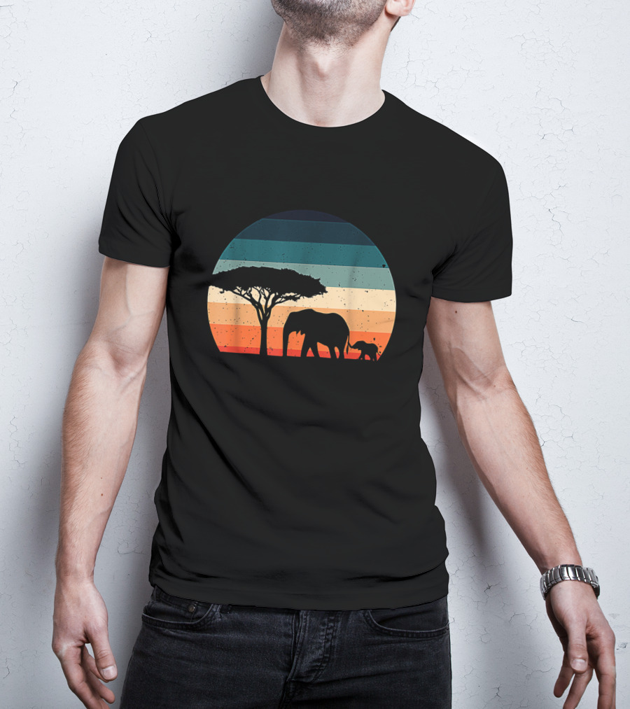 Elephant And Acacia Tree Silhouette Against Striped Vintage Sunset T-Shirt
