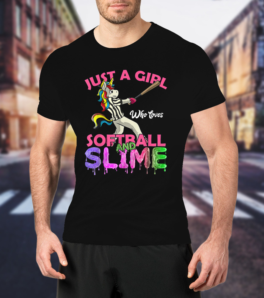 Just A Girl Who Loves Softball And Slime Unicorn With Colorful Bat-Wielding Character T-Shirt
