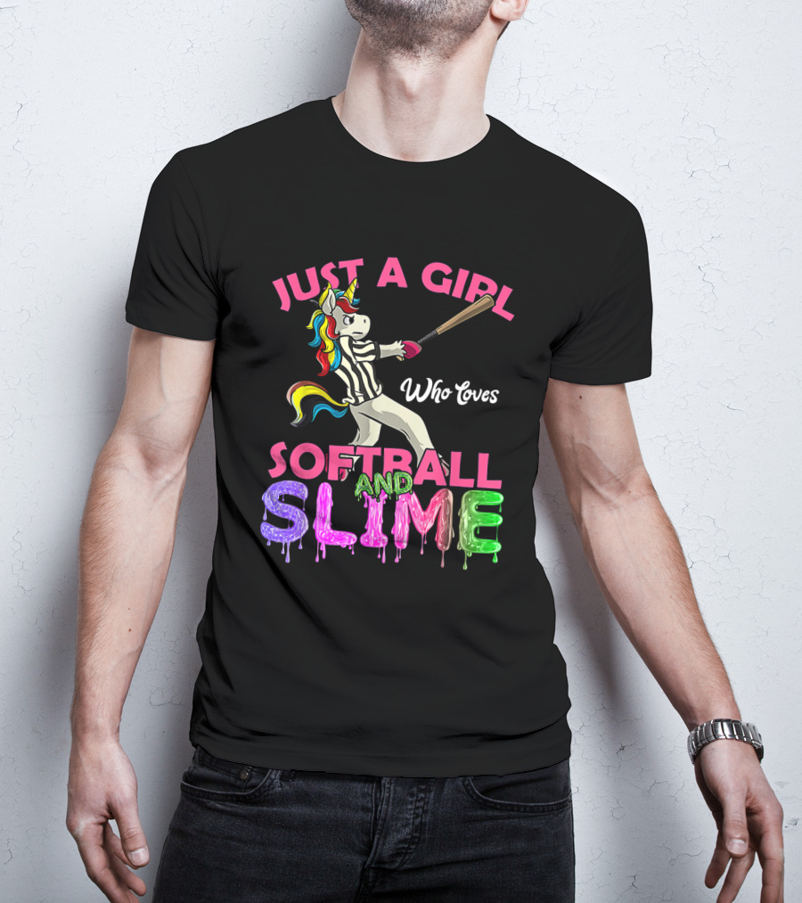 Just A Girl Who Loves Softball And Slime Unicorn With Colorful Bat-Wielding Character T-Shirt