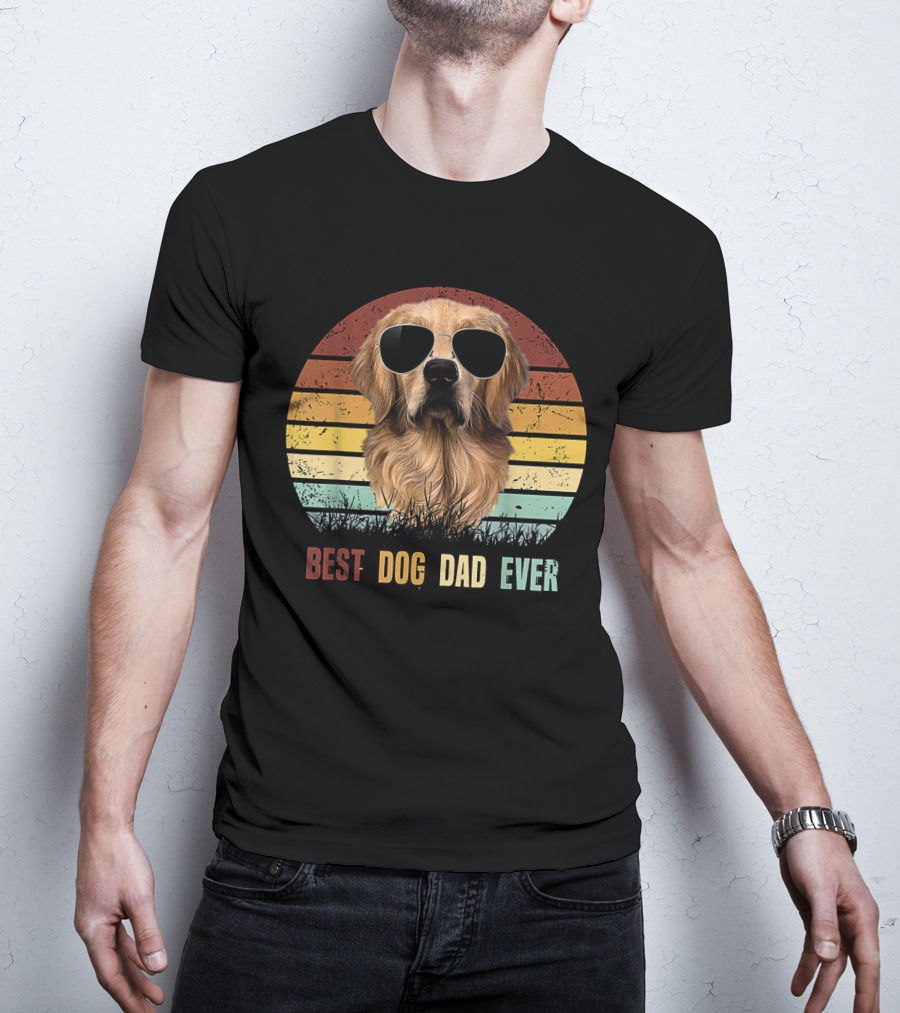 Golden Retriever With Sunglasses Best Dog Dad Ever Vintage Stripes T-Shirt