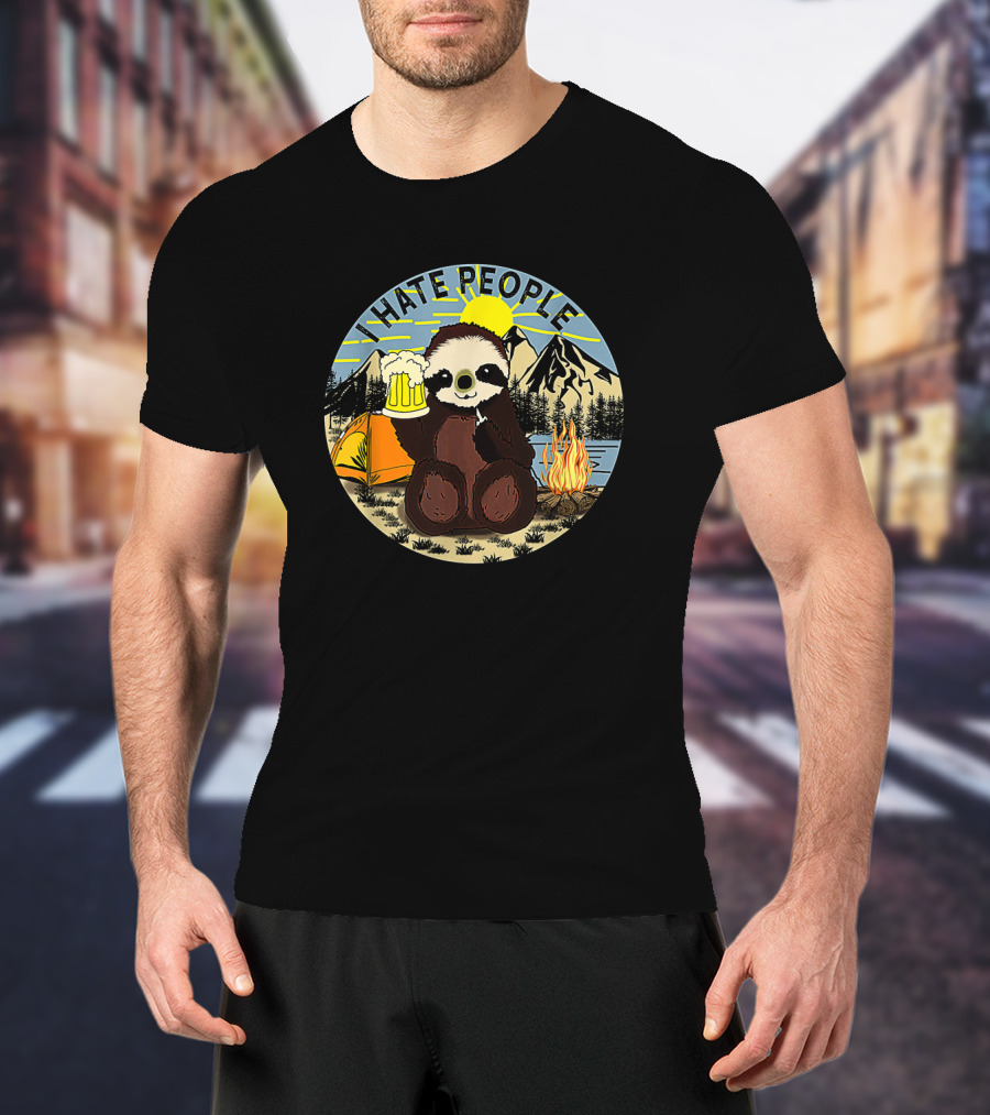 Sloth Holding Beer In Mountain Camping Scene With I Hate People Text T-Shirt
