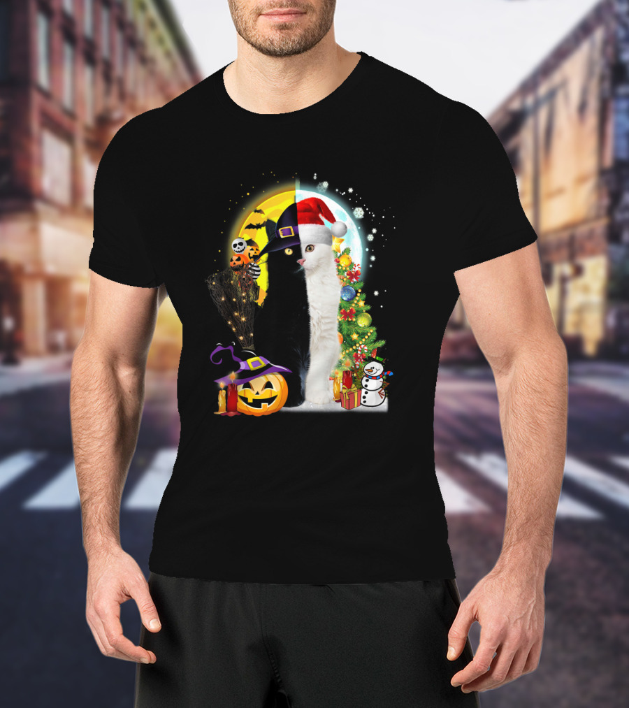Black And White Cat Halloween Pumpkin Witch Hat And Merry Christmas Tree Santa Hat Snowman T-Shirt