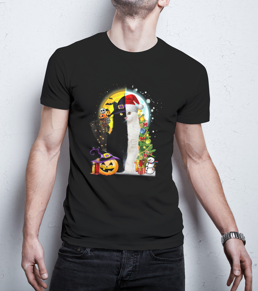 Black And White Cat Halloween Pumpkin Witch Hat And Merry Christmas Tree Santa Hat Snowman T-Shirt