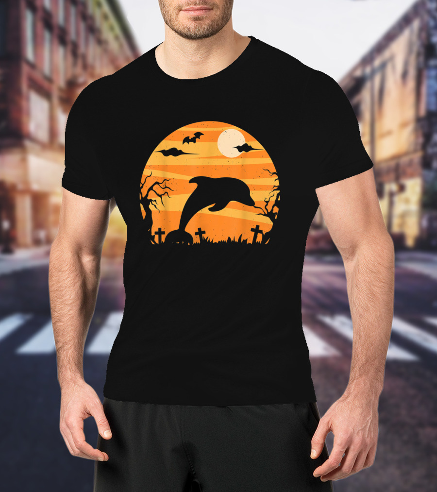 Dolphin Halloween Moon Graveyard Scene With Bats And Trees T-Shirt