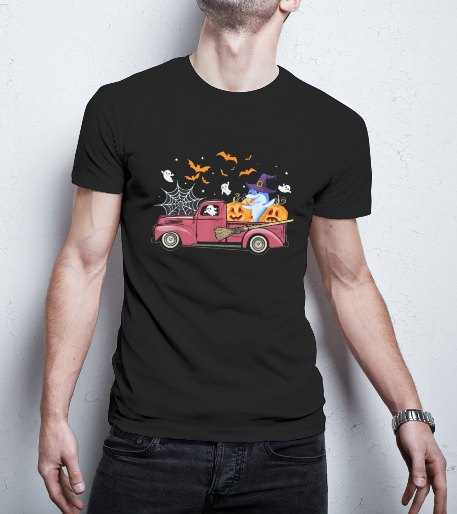 Halloween Ghost Dolphin Riding Red Truck With Pumpkins And Witch Hat T-Shirt