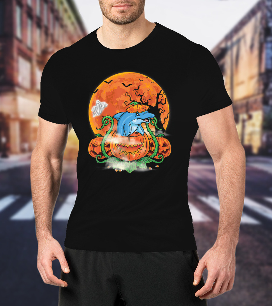 Dolphin Inside Pumpkin With Halloween Moon And Ghost T-Shirt