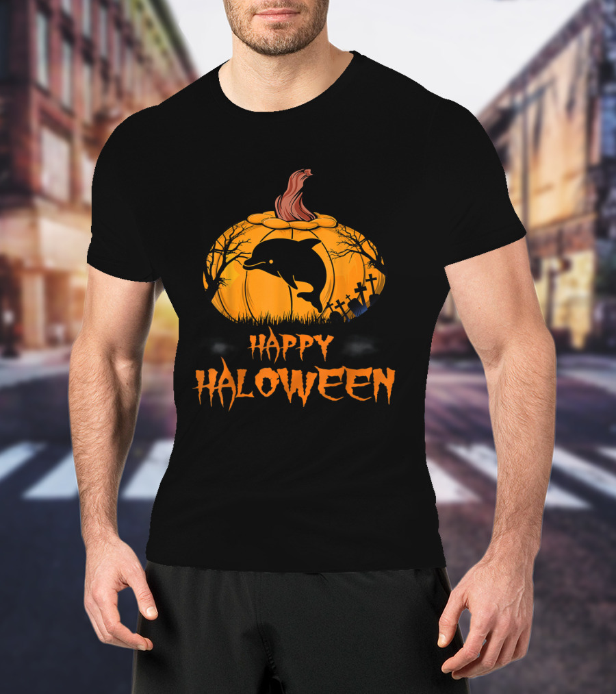 Happy Halloween Dolphin Silhouette In Pumpkin Graveyard Scene T-Shirt