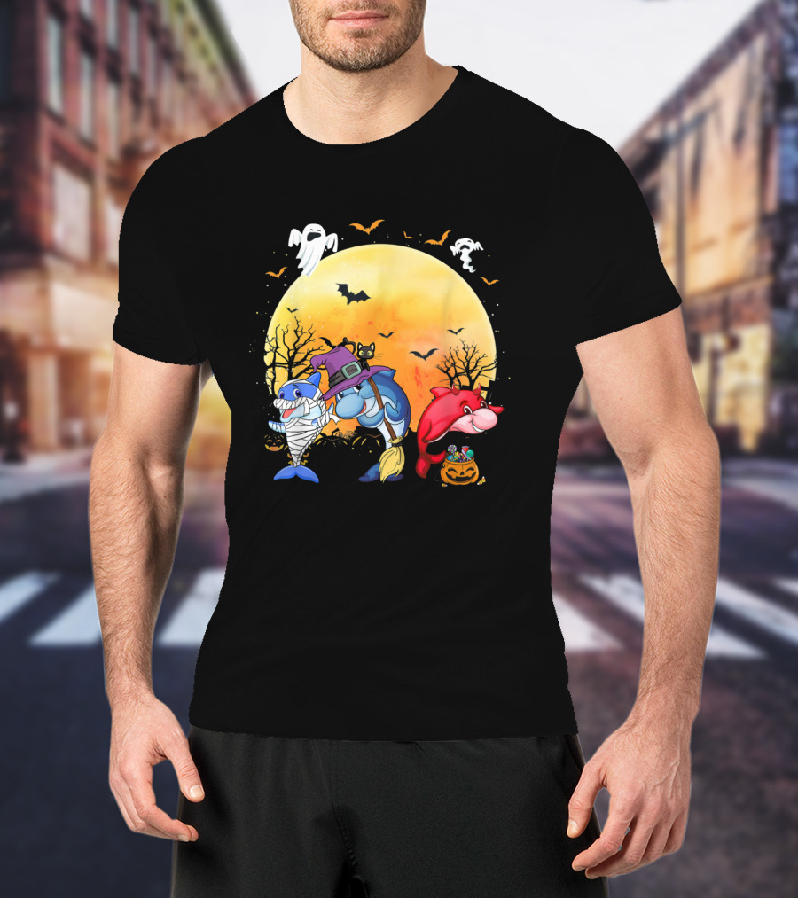 Halloween Dolphins: Mummy, Witch, And Devil With Ghosts And Bats T-Shirt