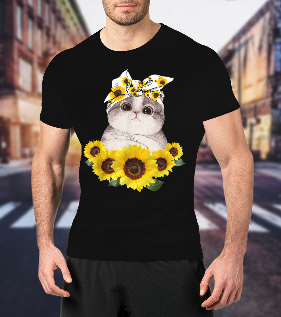 Sunflower Cat Headband Adorable Cats Lovers T-Shirt