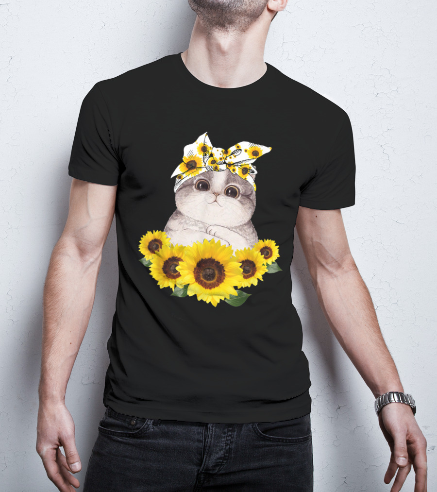 Sunflower Cat Headband Adorable Cats Lovers T-Shirt