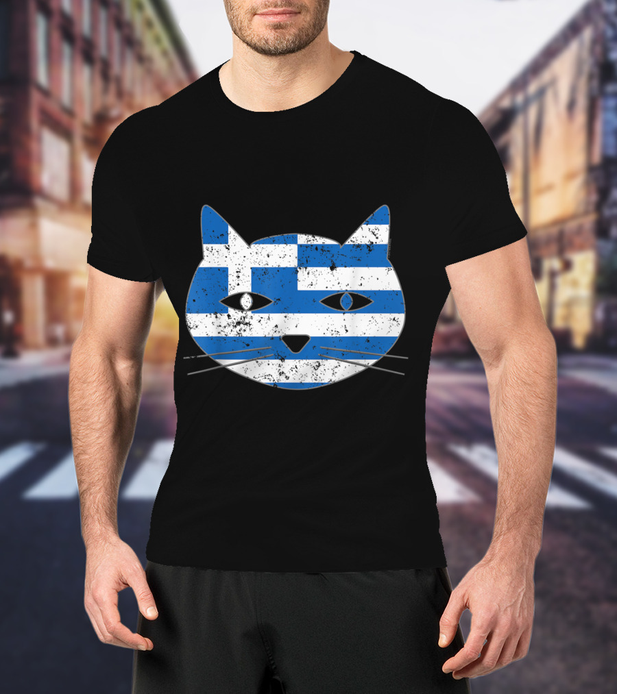 Greek Flag Cat Head Design For Cat Lovers T-Shirt