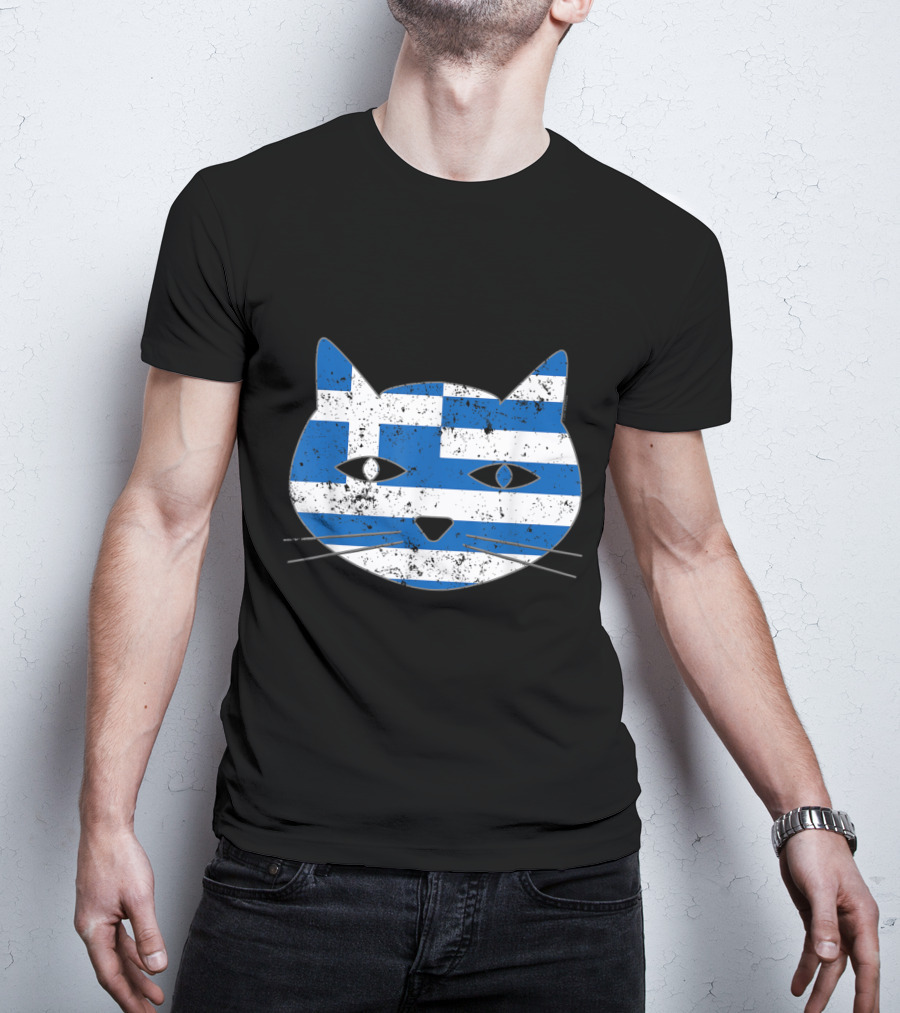 Greek Flag Cat Head Design For Cat Lovers T-Shirt