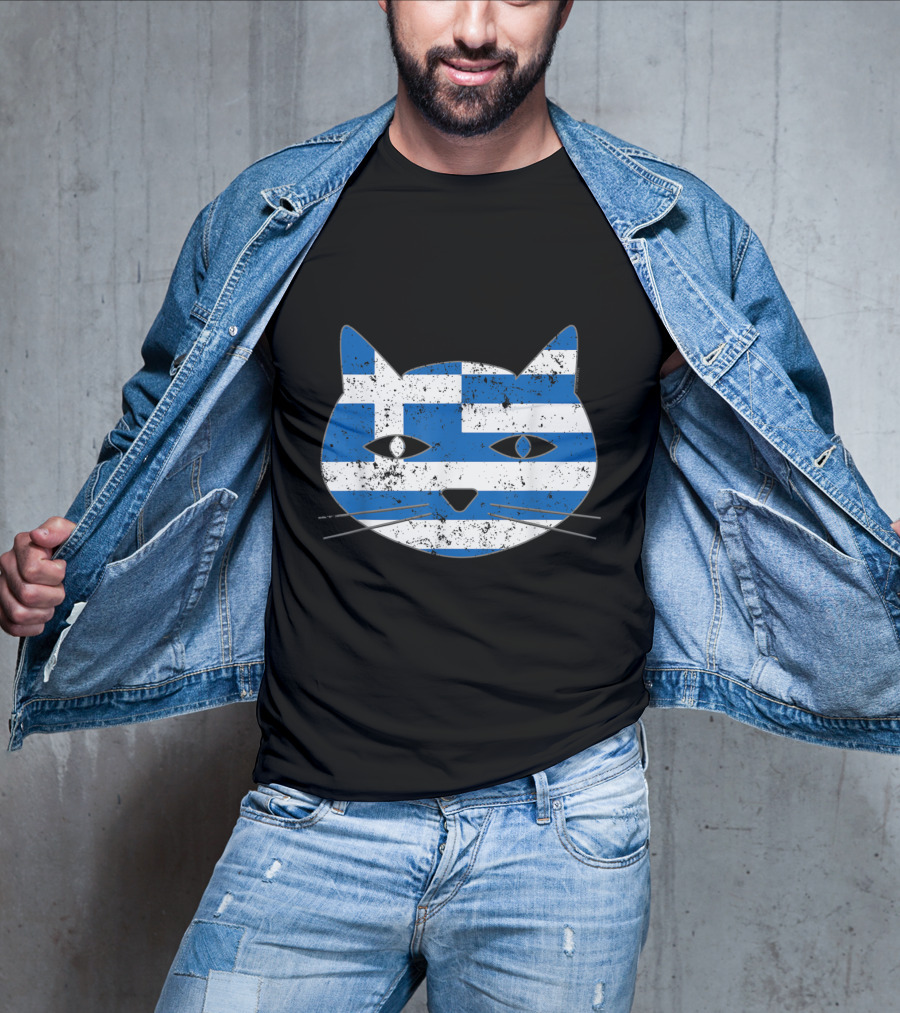 Greek Flag Cat Head Design For Cat Lovers T-Shirt