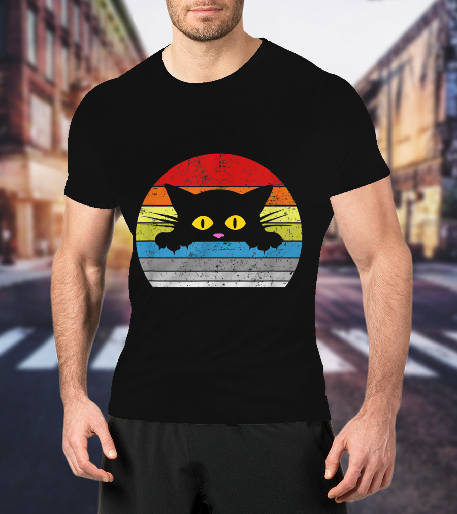 Vintage Rainbow Cat Peeking Retro 80s Style For Cat Lovers T-Shirt