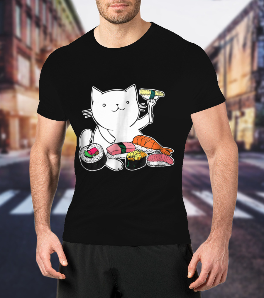 Playful Cat Enjoying Colorful Sushi Plate T-Shirt