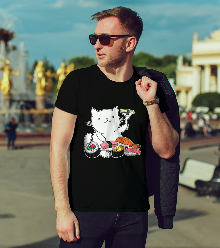 Playful Cat Enjoying Colorful Sushi Plate T-Shirt