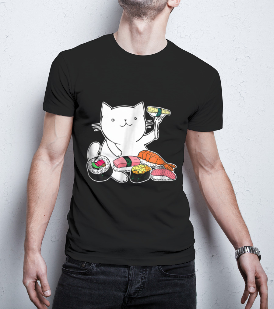 Playful Cat Enjoying Colorful Sushi Plate T-Shirt