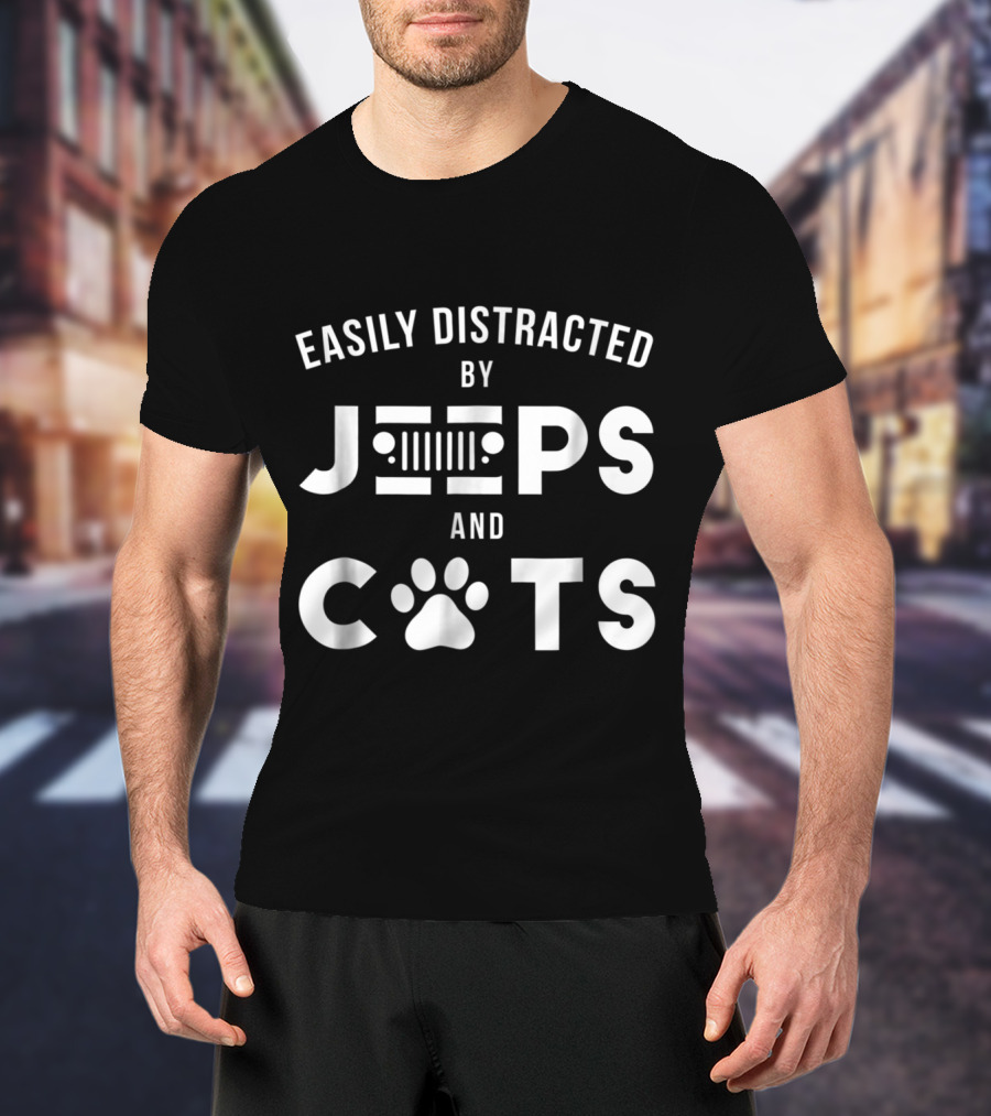 Easily Distracted By Jeeps Iconic Grille Design And Cats Paw Print Graphics T-Shirt