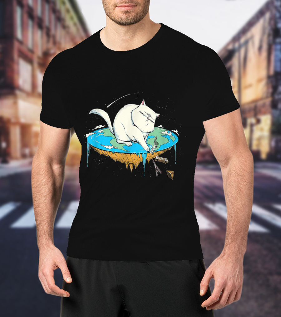 Cat Pawing Flat Earth With Iconic Landmarks For Humorous Cat Lovers T-Shirt