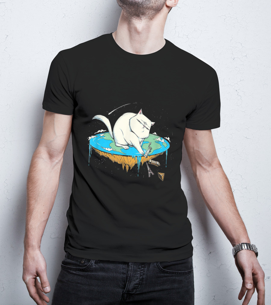 Cat Pawing Flat Earth With Iconic Landmarks For Humorous Cat Lovers T-Shirt