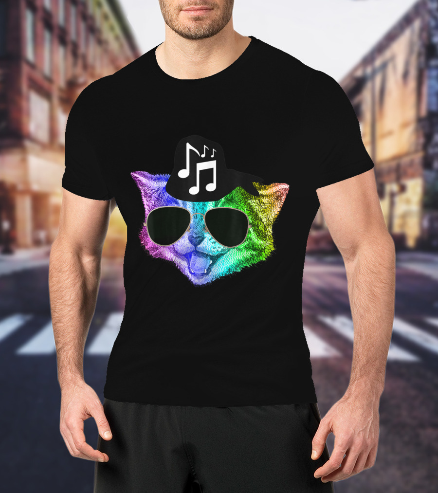 Colorful Rainbow DJ Music Kitty With Sunglasses And Hat For Feline Cat Lovers T-Shirt