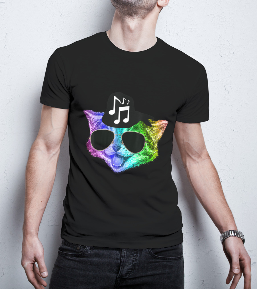 Colorful Rainbow DJ Music Kitty With Sunglasses And Hat For Feline Cat Lovers T-Shirt