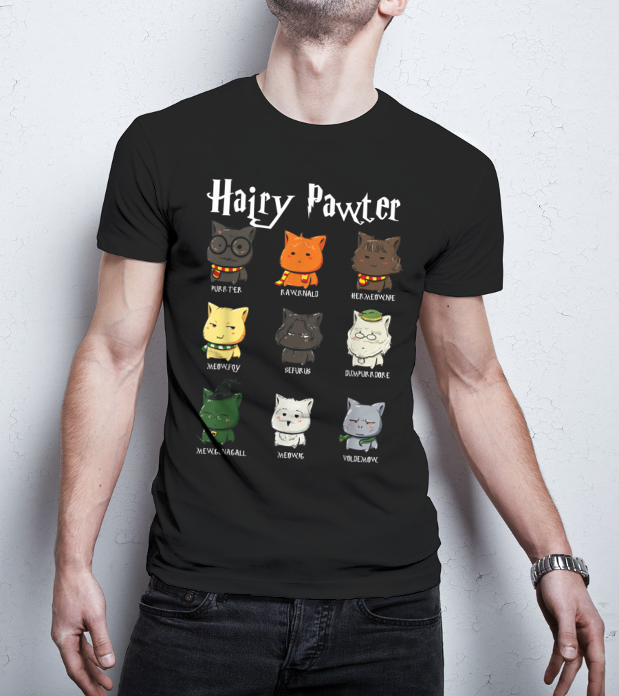 Hairy Pawter Purrter Rawrnald Hermeowne Meowfoy Seferus Dumblepurr Meowgonagall Meowg VoldeMew T-Shirt