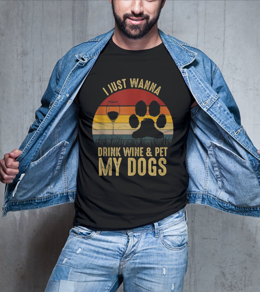 I Just Wanna Drink Wine And Pet My Dogs Retro Paw Print And Wine Glass Vintage Stripes T-Shirt