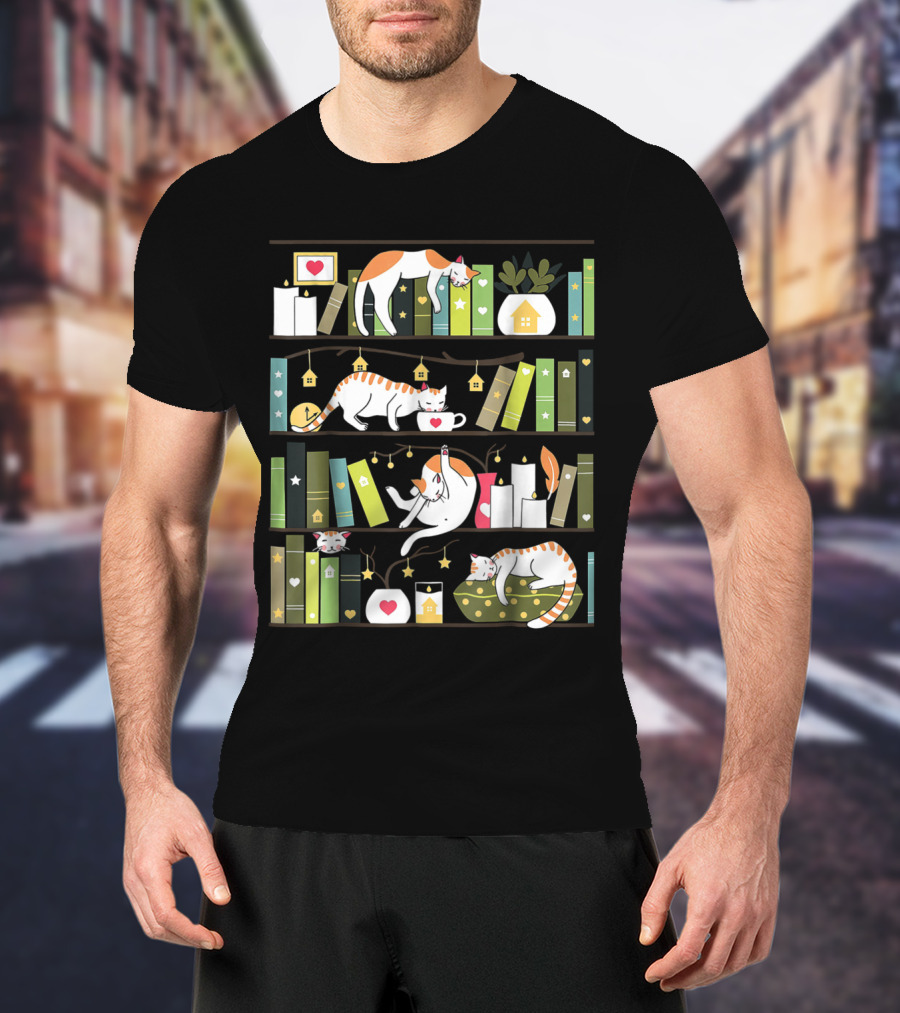 Library Cats Delightful Shelves Adorable Cats Book Lovers Day Charm T-Shirt