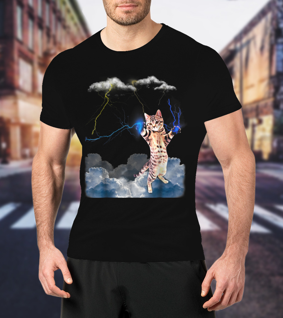 Lightning Cat With Stormy Clouds And Electric Bolts T-Shirt