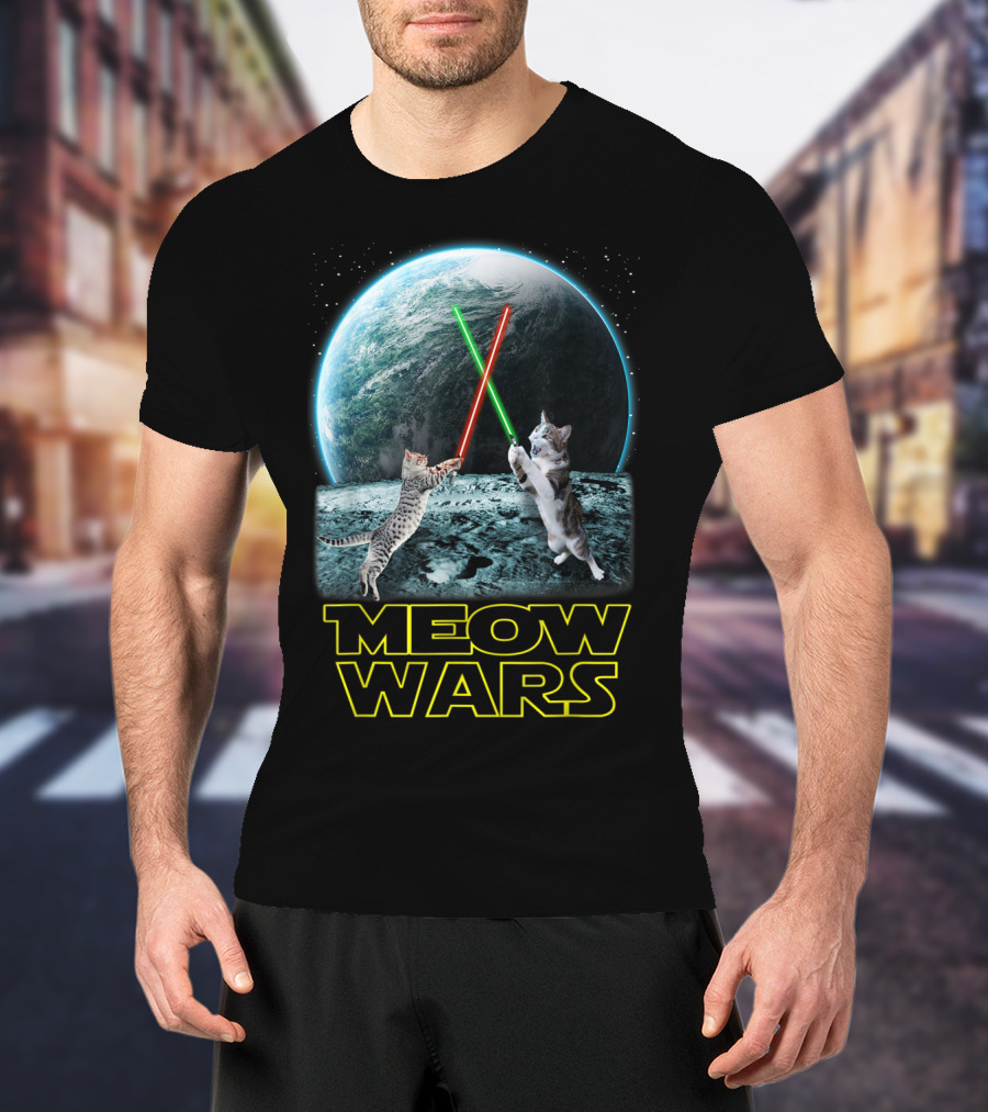 Meow Wars Funny Cats Lovers Galactic Duel With Light Sabers T-Shirt