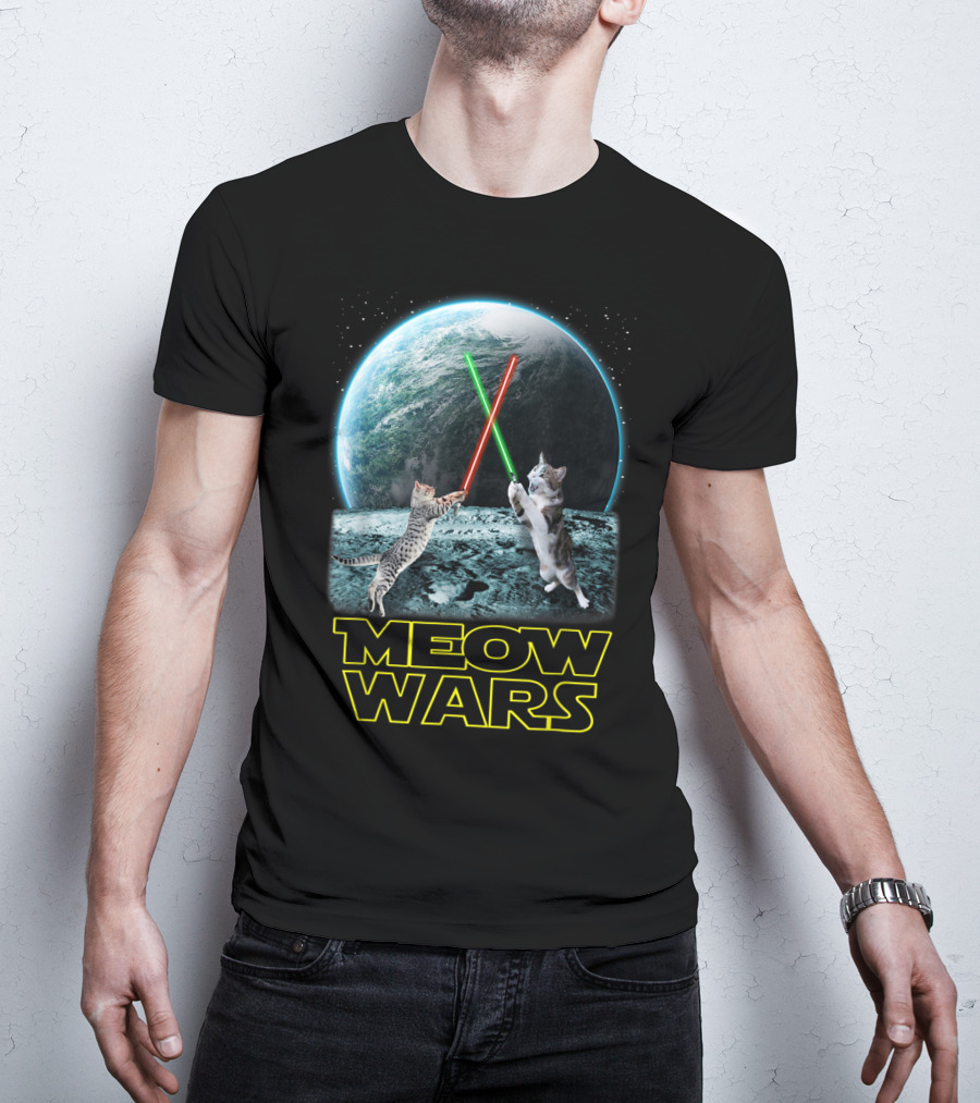 Meow Wars Funny Cats Lovers Galactic Duel With Light Sabers T-Shirt