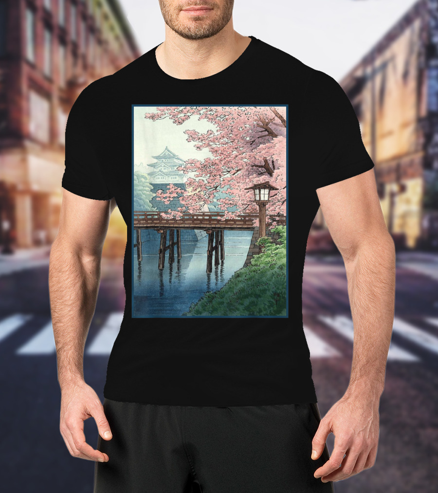 Japanese Cherry Blossom Woodblock Bridge And Pagoda Scene T-Shirt