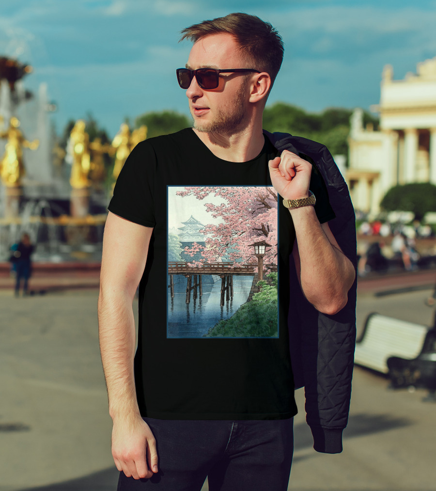 Japanese Cherry Blossom Woodblock Bridge And Pagoda Scene T-Shirt