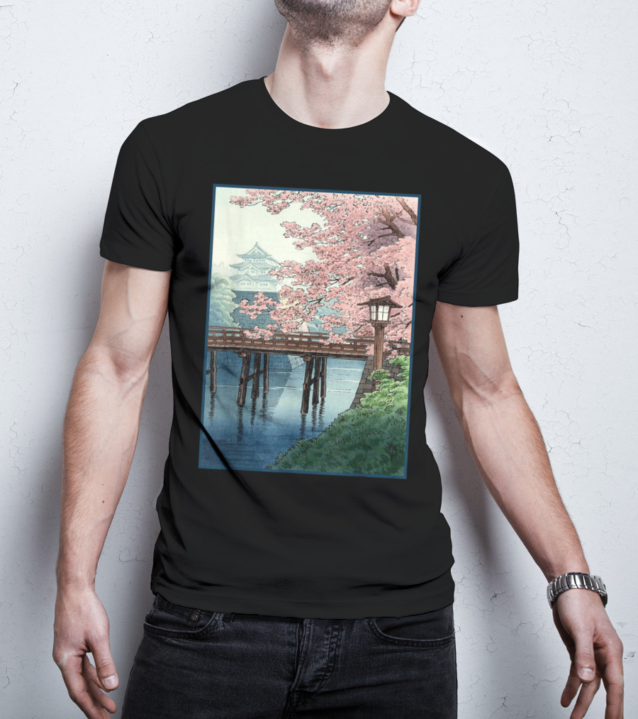 Japanese Cherry Blossom Woodblock Bridge And Pagoda Scene T-Shirt