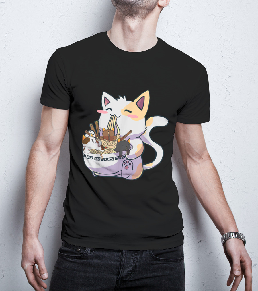 Kawaii Neko Cat With Ramen Bowl Anime Japanese Noodles And Chopsticks T-Shirt