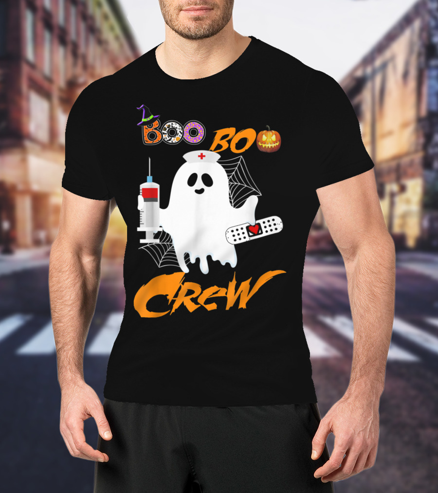 Boo Boo Crew Nurse Ghost Funny Halloween Costume With Syringe And Spider Webs T-Shirt