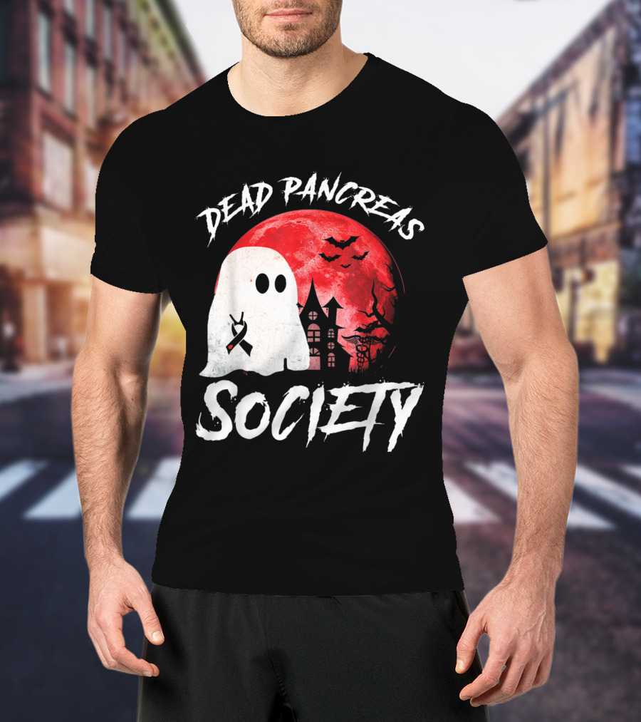 Dead Pancreas Society Halloween Ghost With Diabetes Awareness Ghostly Castle And Blood Moon T-Shirt
