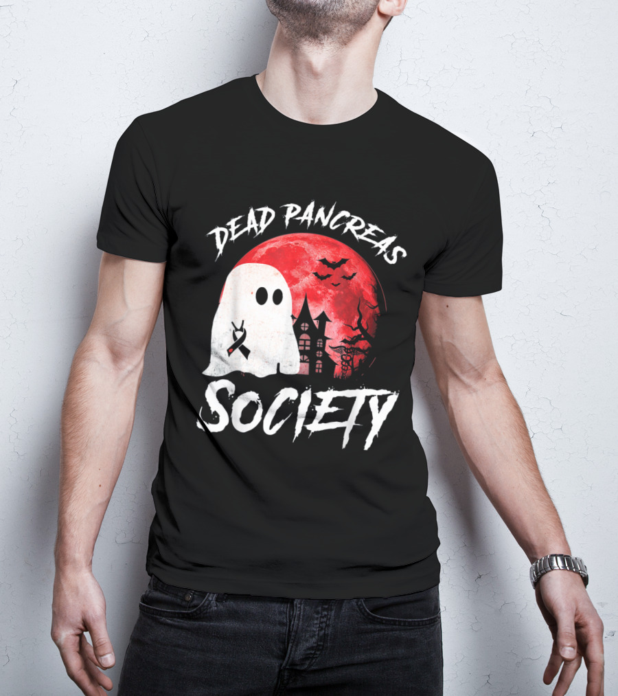 Dead Pancreas Society Halloween Ghost With Diabetes Awareness Ghostly Castle And Blood Moon T-Shirt