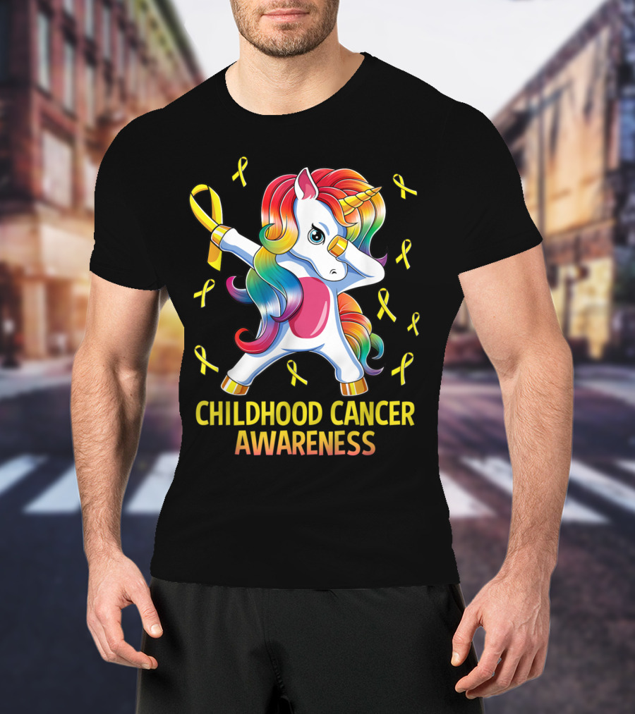 Dabbing Unicorn Childhood Cancer Awareness Ribbons T-Shirt