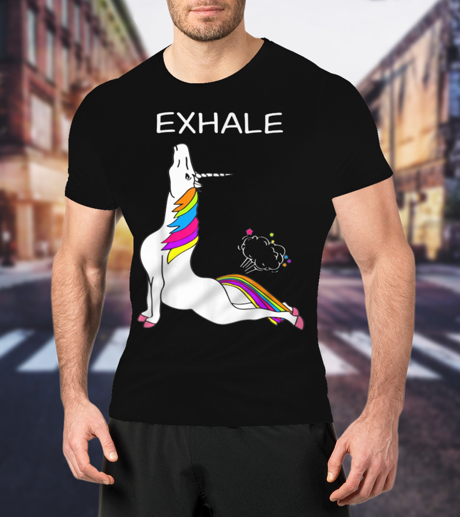 EXHALE Yoga Unicorn Funny Yoga Unicorn Exhale Fart Rainbow T-Shirt