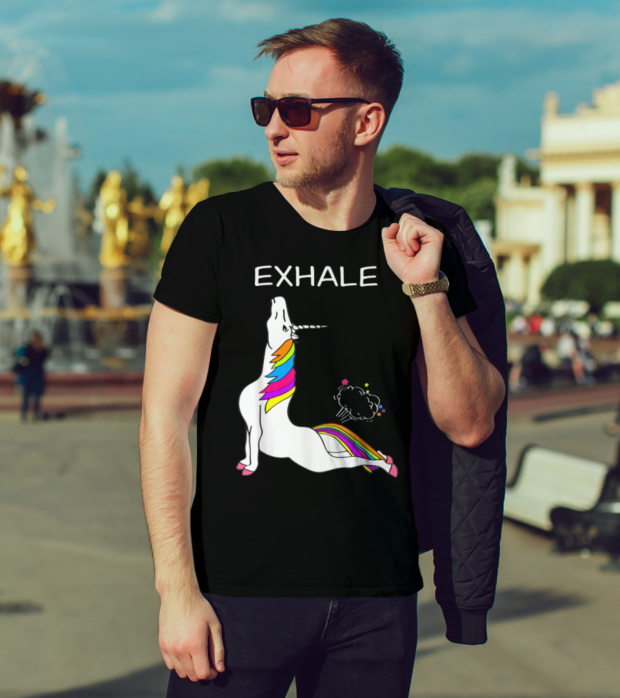 EXHALE Yoga Unicorn Funny Yoga Unicorn Exhale Fart Rainbow T-Shirt