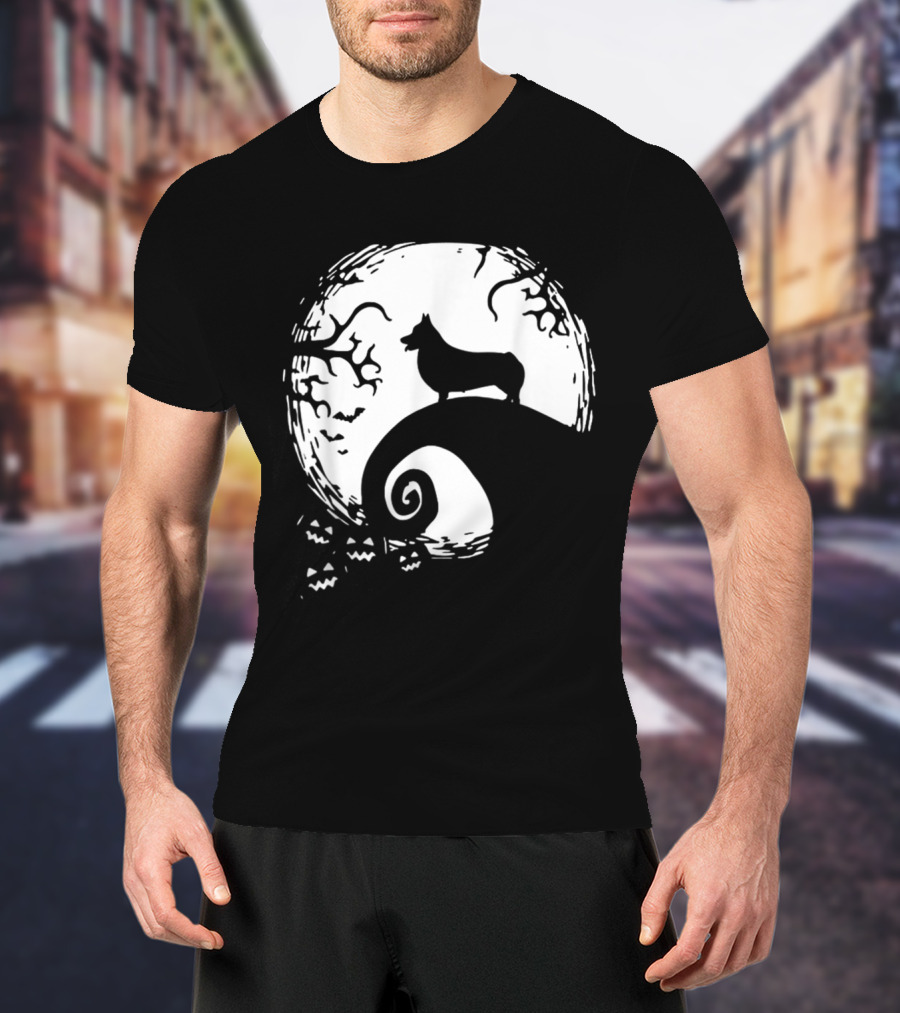 Cardigan Welsh Corgi Howling On Spiraled Hill Under Full Moon With Creepy Trees And Bats T-Shirt