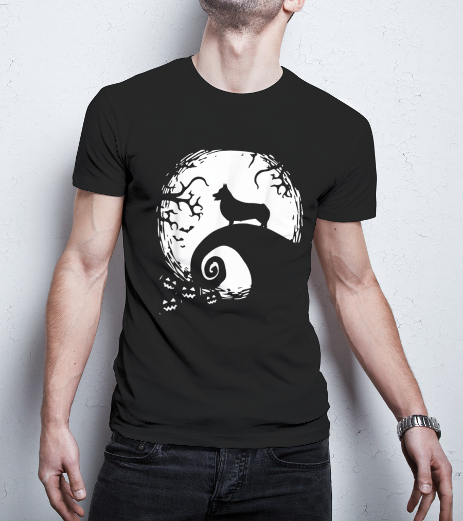 Cardigan Welsh Corgi Howling On Spiraled Hill Under Full Moon With Creepy Trees And Bats T-Shirt