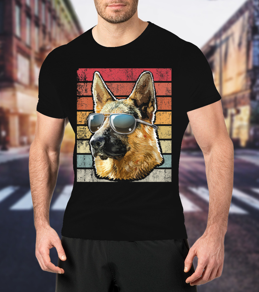Retro Vintage German Shepherd Dog Sunglasses Stripes T-Shirt