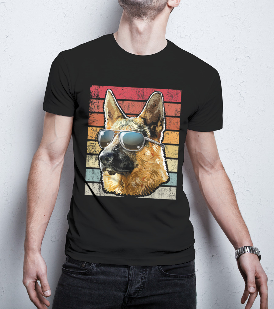 Retro Vintage German Shepherd Dog Sunglasses Stripes T-Shirt