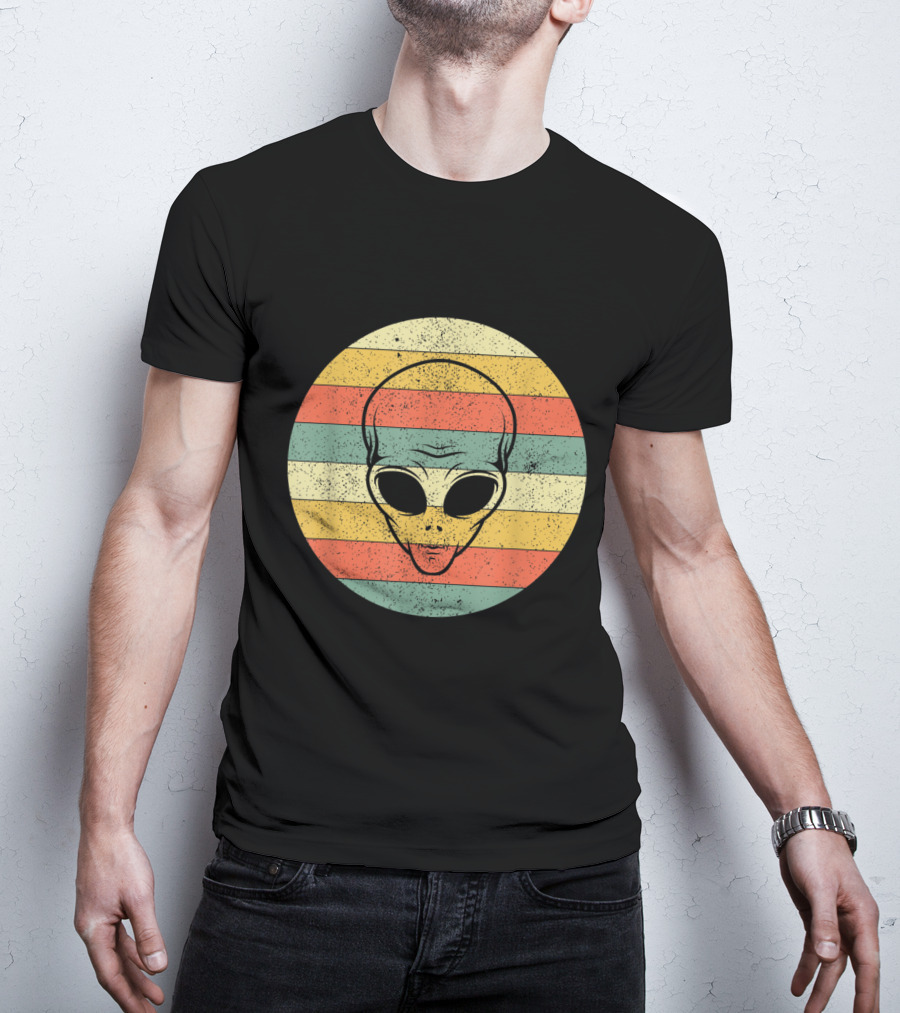 Vintage Distressed Alien Halloween Space Lover Retro Stripes T-Shirt