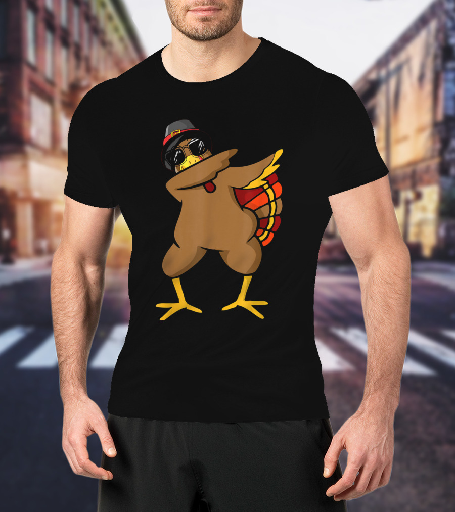 Dabbing Turkey With Pilgrim Hat And Sunglasses Thanksgiving Humor T-Shirt
